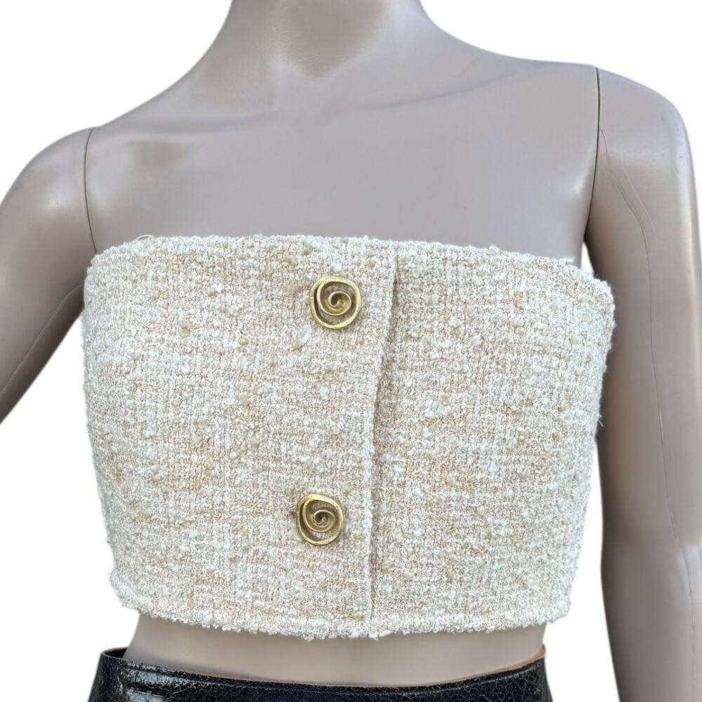 St John Cream Boucle Strapless Crop Tube Top Gold Swirl Buttons NWOT L PF22
